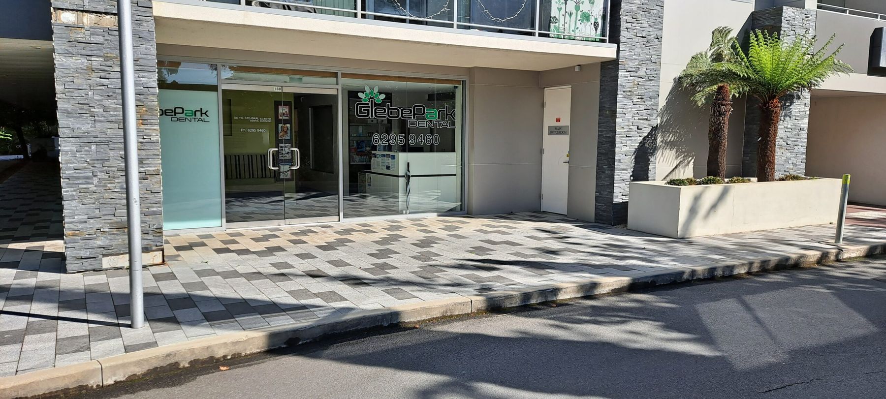 Coranderrk Street entrance to Glebe Park Dental, next to Glebe Park